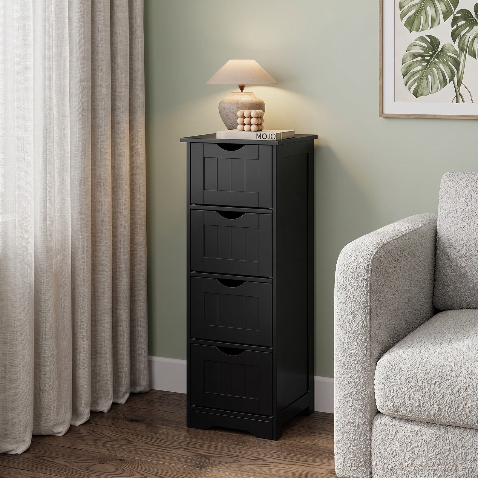 ALPULON 4-Drawer Freestanding Bathroom Floor Cabinet, Narrow MDF Storage Side Organizer with Anti-Toppling Device and Cut-Out Handles for Bathroom Living Room, Black