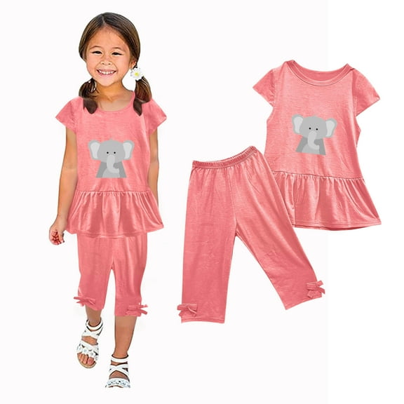 qkdmdw Pajama Sets for Kids 1-10Y Fashion Girls Capris and T-Shirts Ruffle Trim Short Sleeve Summer Outfit Set