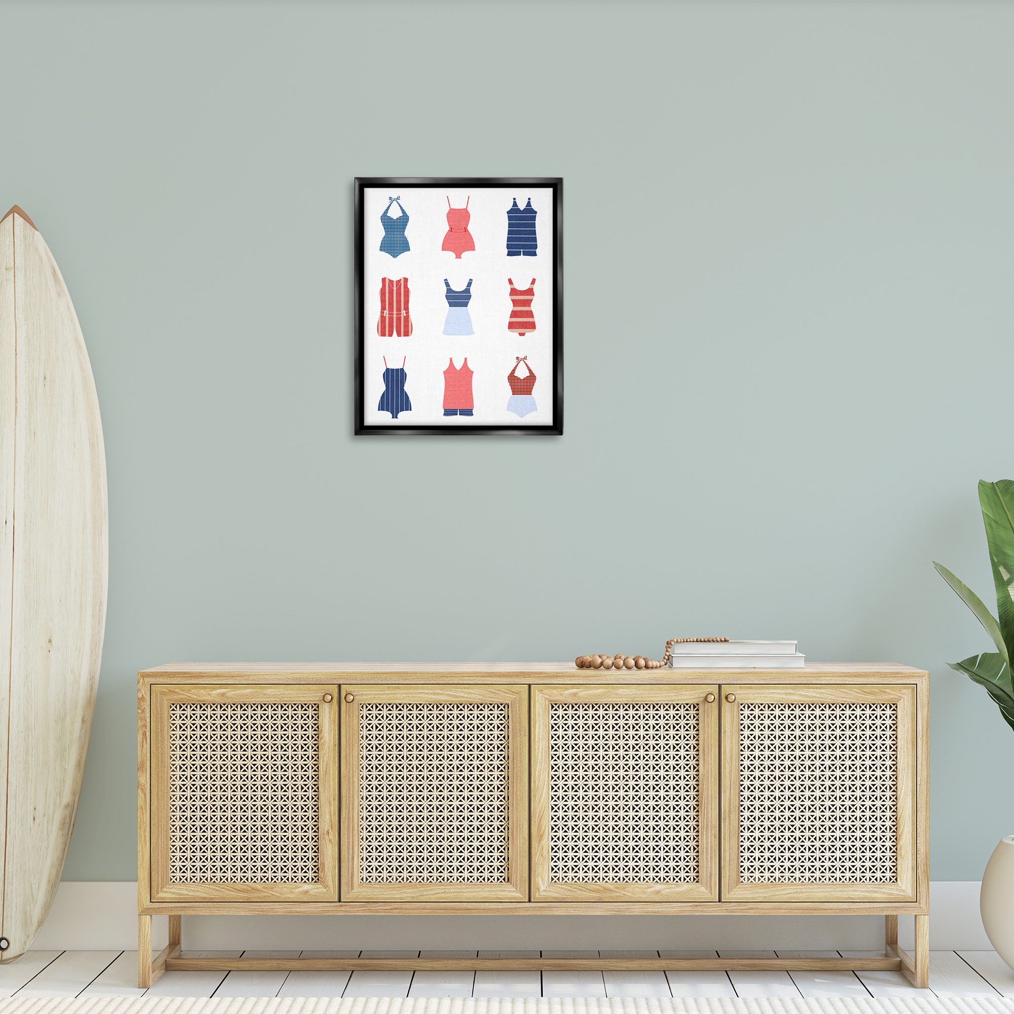 Stupell Industries Various Beach Swimsuits Beauty & Fashion Painting Black Floater Framed Canvas Art Print Wall Art, 25 x 31