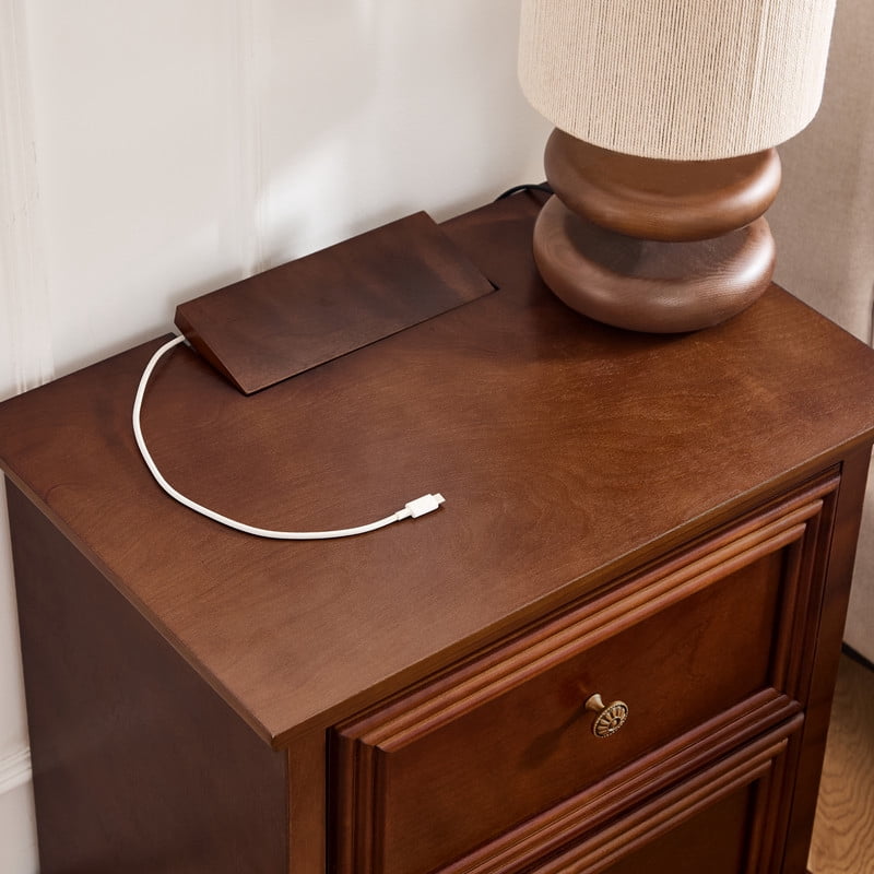 1Pcs Mid-Century Modern Nightstand with Hiiden Charging Station & Adjustable Feet, Wood Side Table Stroage Cabinet with 2 Drawers
