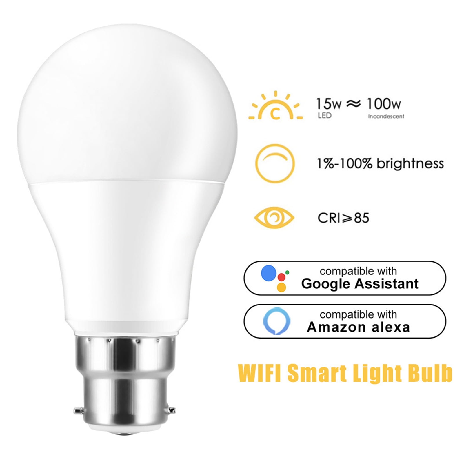 Ampoule LED connectée, 15W, B22, Wi-Fi, commande par application