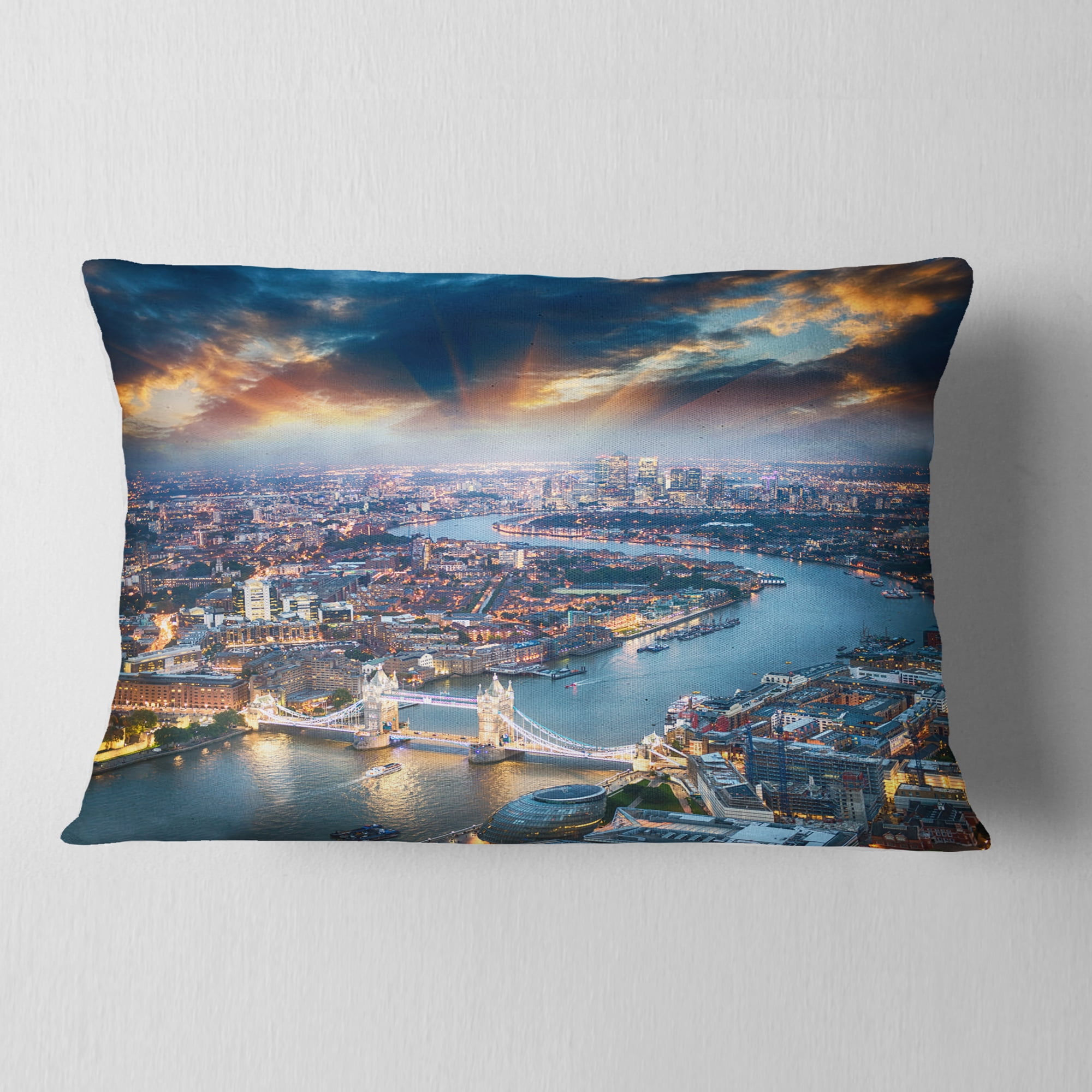Designart Aerial View of London at Dusk - Cityscape Photo Throw Pillow - 12x20