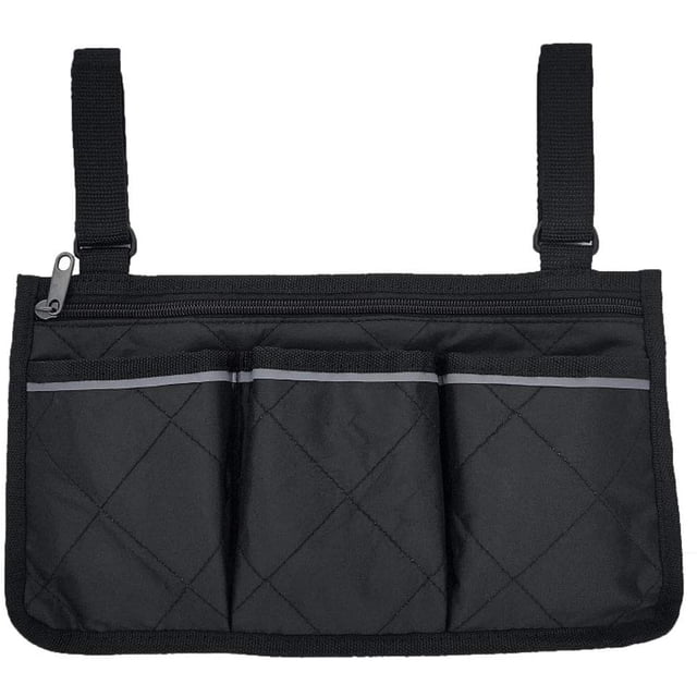 Sac pour Fauteuil Roulant pour Accoudoirs, Sac de Rangement Sécurisé pour Fauteuils Roulants, Sac Imperméable et Portable pour Trottinette avec 3 Compartiments, pour Fauteuils Roulants Personnes Âgées Mains Libres Support de Suspension pour Accoudoir et Poignée