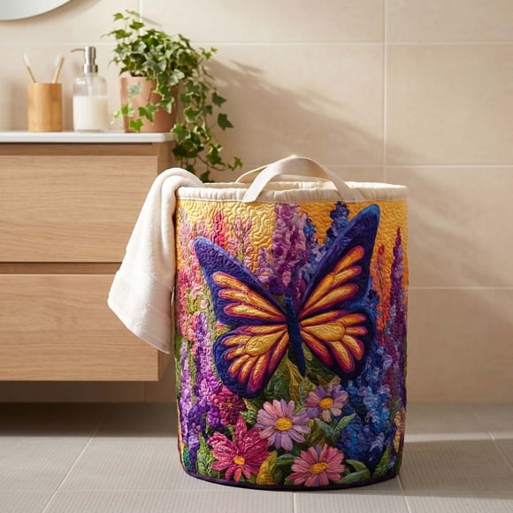 Quilted Laundry Basket with Handles, Boho Fabric Storage Hamper, Foldable Lightweight Clothes Organizer, 20 in x 28 in, Wipe-Clean Polyester