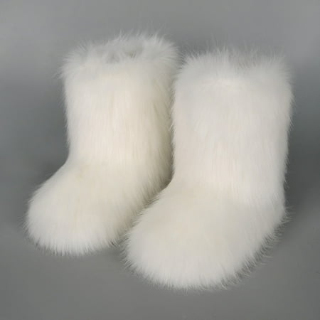 

Faux Fur Boots for Women Fuzzy Fluffy Furry Round Toe Suede Winter Snow Boots Flat Shoes