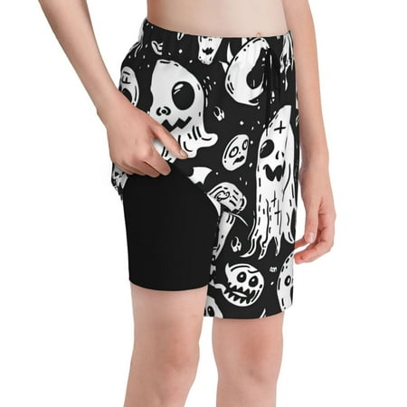 Cauagu Black White Spooky Ghosts Print Swim Trunks for Men Youth Boys Swim Shorts Compression Liner Beach Shorts Boys Swimming Shorts 7-20 Years Bathing Suit-Large