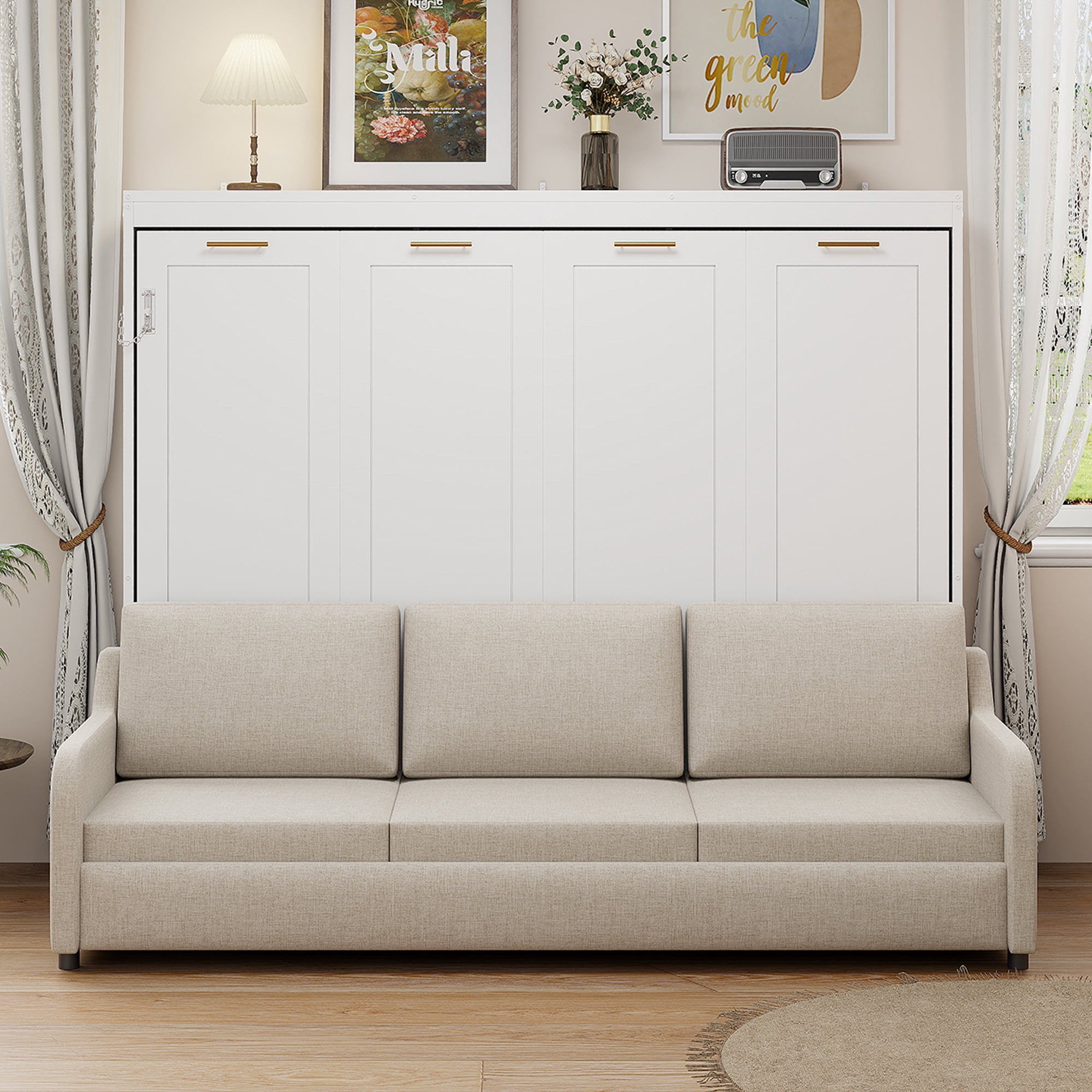 Queen Size Murphy Cabinet Bed with Folding Sofa, Built-in Storage Shelves and LED Light, Beige