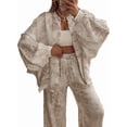 thumbnail image 3 of Women 2 Piece Outfits Sets Dressy Shirt Wide Leg Drawstring Pants Sets White M, 3 of 9