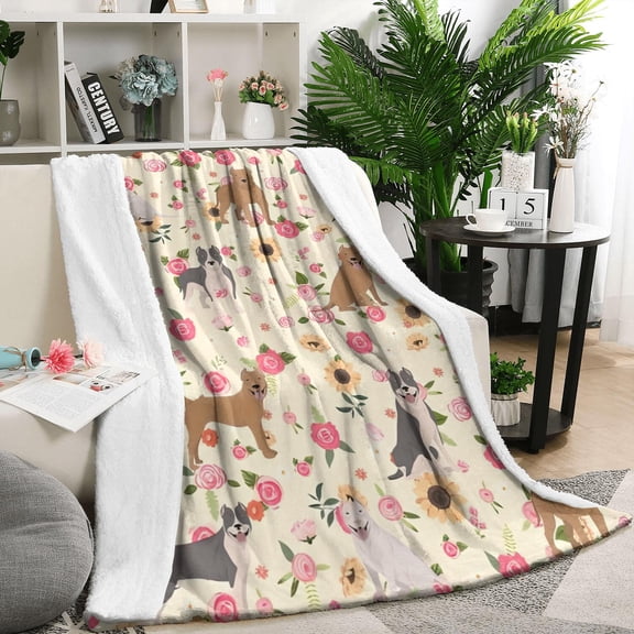 Pitbull Dog and Flower Floral Blanket,Comfortable Soft Lamb Wool Throw Blanket,All Season,Warm Lightweight Blankets for Sofa Bed Couch Living Room Chair,50"x60"
