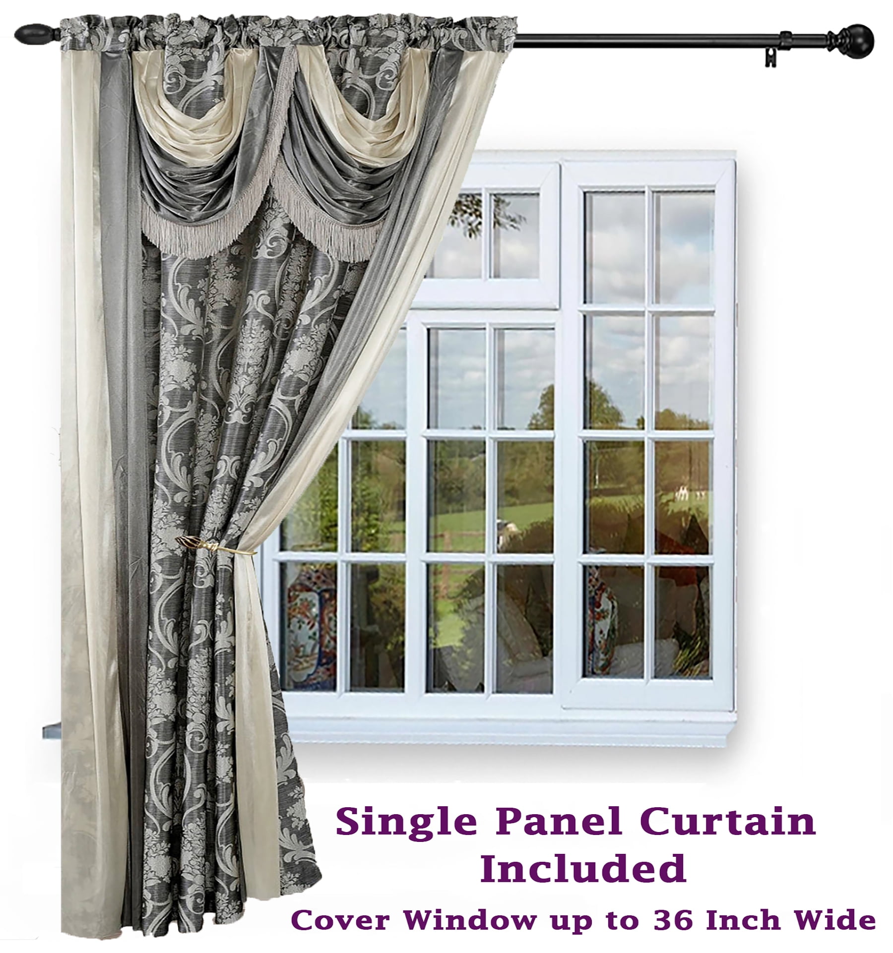Bella Luxury Jacquard Curtain Panel with Attached Waterfall Valance & Scarf 54 by 84-Inch Grey