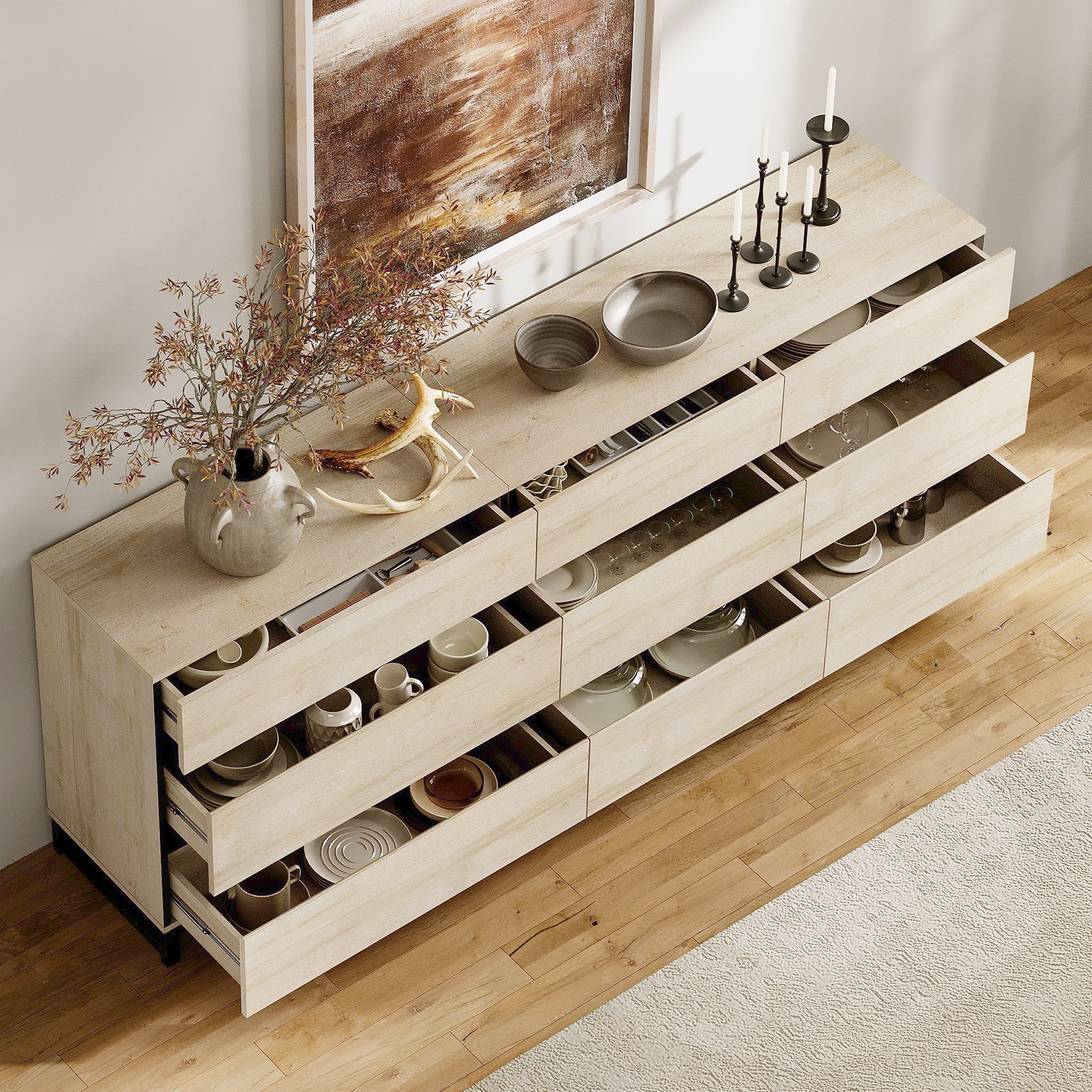 Modern TV Stand For Tvs Up To 90 Inches, 2 In 1 TV Console With 9 Drawers, Media Console With Adjustable Shelf For Living Room, Bedroom,Beige