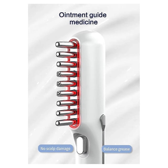 electric hair growth massage comb microcurrent skin applicator led red light scalp brush for hair sp dispositivo guía para cuero cabelludo blanco, vista frontal 3/4; mango ergonómico con 10 puntas metálicas alineadas, borde interior con luz roja 655nm, botón lateral y entrada Type‑C, material PC+ABS, diseñado para masaje y estimulación del folículo capilar; también suele usarse para sesiones personales de masaje del cuero cabelludo.