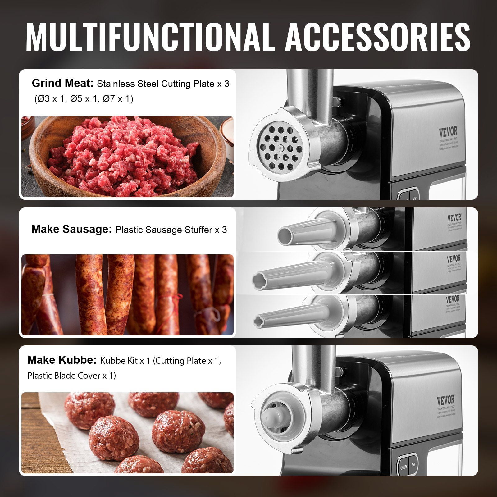 Electric Meat Grinder 4.2 Lbs/Min, 500W Sausage Stuffer Maker, Heavy Duty Home Kitchen Food Processor with 3 Plates - Fast & Easy Ground Meat