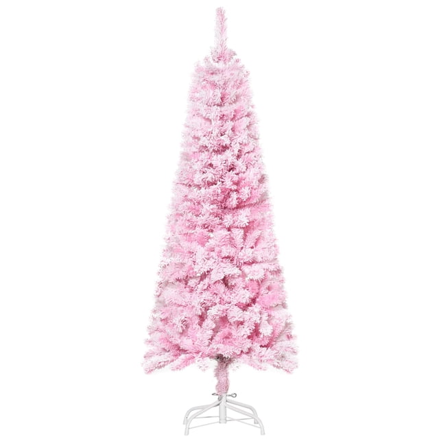 Pink 60" Snow-Flocked Pencil Christmas Tree | Auto Open, Slim Design for Living Room & Holiday Decor | Artificial Xmas Tree with Steel Base