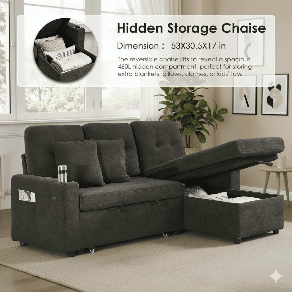 Convertible Sectional Sofa Bed, 82in Sleeper Sofa Bed with Storage Chaise for Living Room, Pull Out Couch L Shaped Sofa with USB Charging Port, Cup Holder, Removable Backrest, Teddy Fabric, Gray