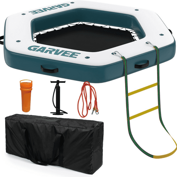 ø8.5FT Inflatable Floating Dock with ø5FT Trampoline Mesh Pool Non-Slip Floating Platform Water Mat for Lake,Pool Float Raft Lounger Island(Bag & Detachable Ladder)