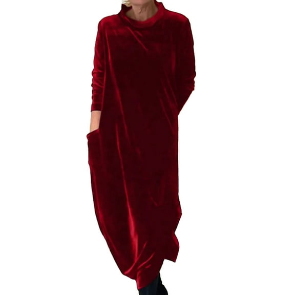 comerut Women Dress Round Neck Loose Solid Color Long Sleeve Soft Pullover Warm Mid-calf Length Lady Casual Midi Dress