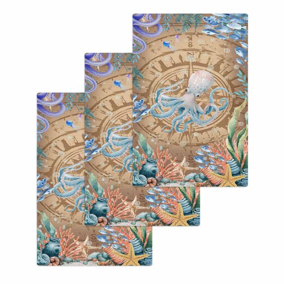 Octopus Coastal Kitchen Dish Towels for Drying Dishes Set of 3, Summer Nautical Starfish Coral Brown Anchor Waffle Weave Microfiber Hand Tea Bathroom Towels Quick Dry & Absorbent Towel 15.7x23.6