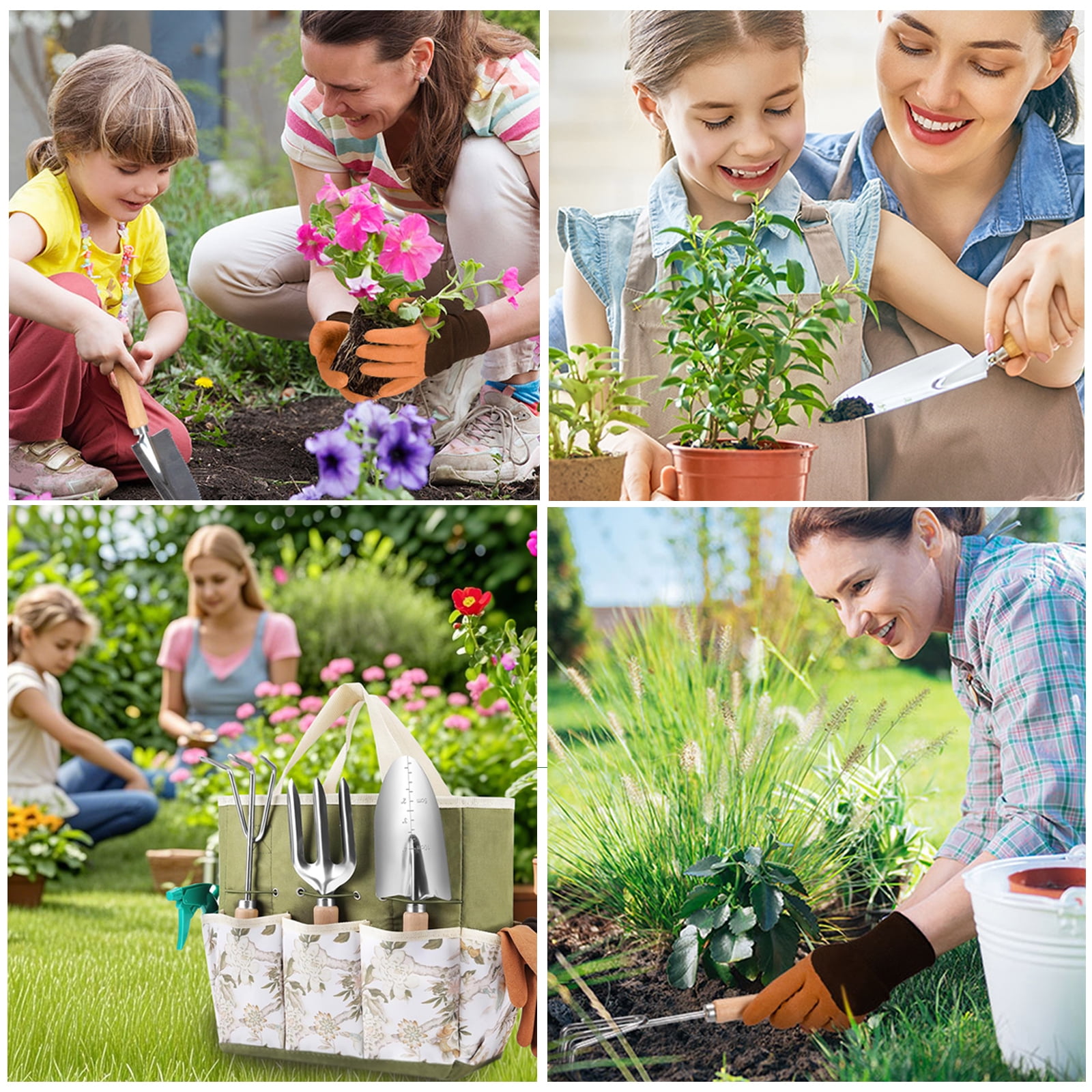 Kisportee Garden Tool Set, 9 Piece Heavy Duty Stainless Steel Gardening Tools with Fashion Garden Tools Organizer Handbag, Ideal Gardening Mother Gifts for Women