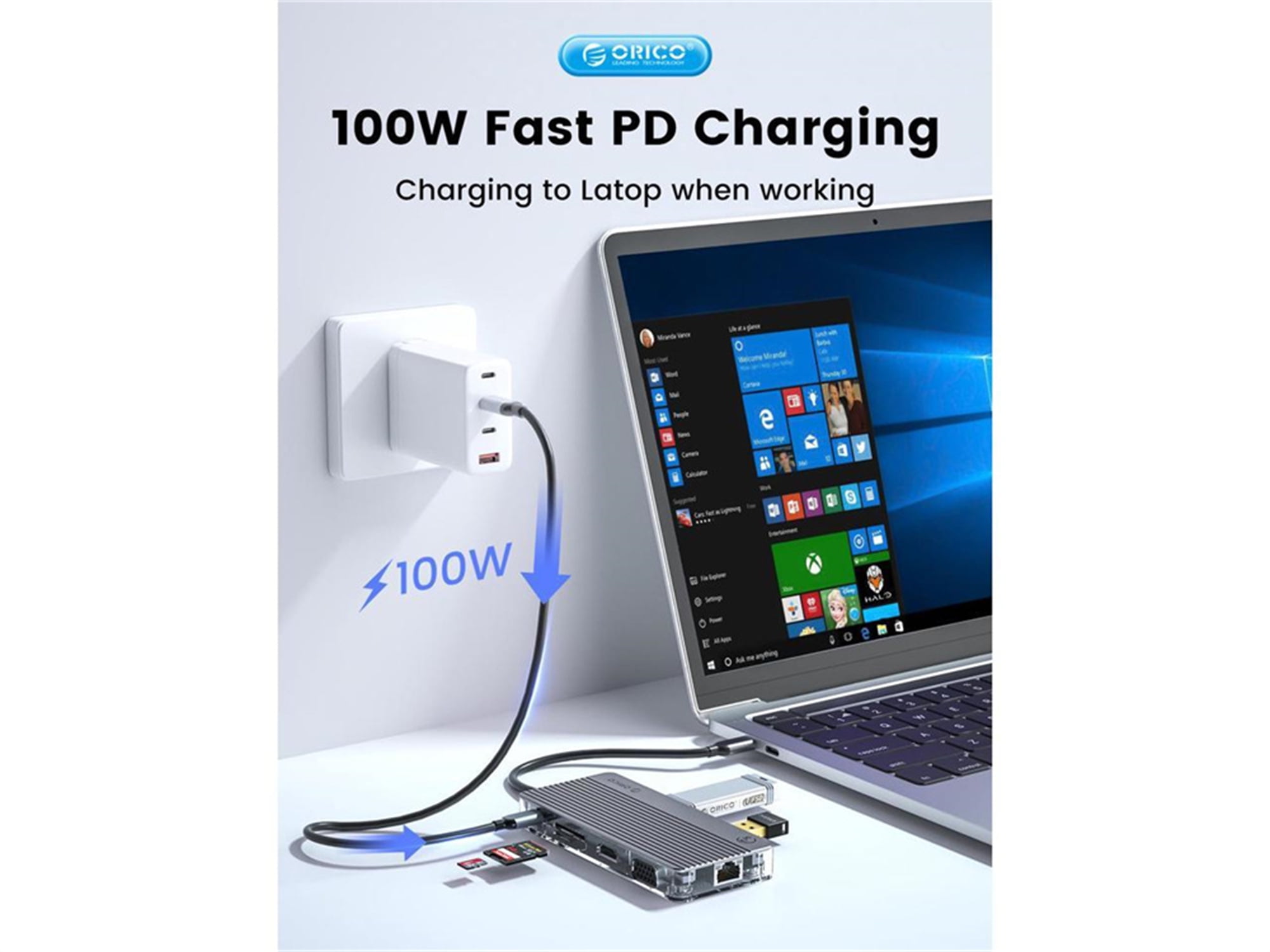 ORICO 11 in 1 USB C Hub Adapter USB C Docking Station Dual Monitor with HDMI 4K@30Hz VGA 3 USB 3.0(5Gbps) USB 2.0(480Mbps) RJ45 PD100W Charging 3.5mm Audio SD/TF