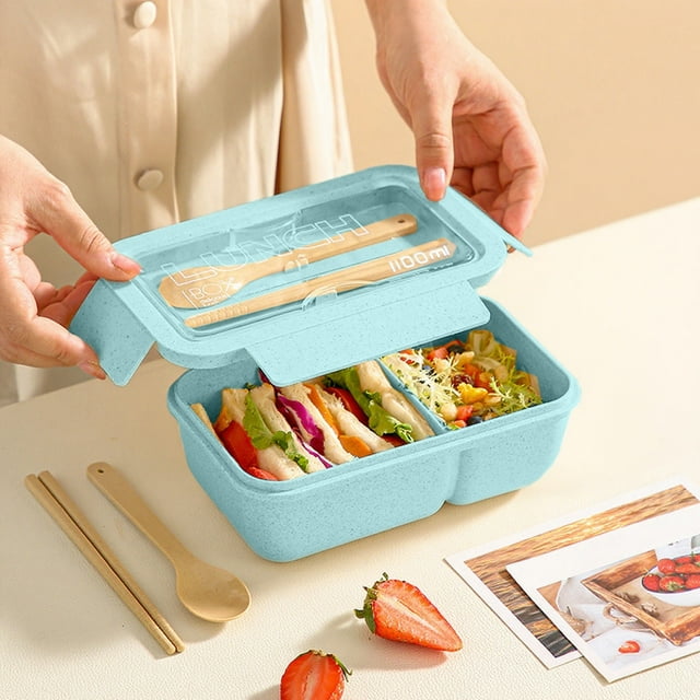 EGNMCR Boîte Bento en Paille de Blé avec Ustensiles, Compatible Micro-Ondes, Contenant à Lunch Empilable avec Compartiments, Trousse de Préparation de Repas pour Bureau, École, Voyage, Réutilisable, Rangement des Aliments, Boîtes à Lunch en Plastique