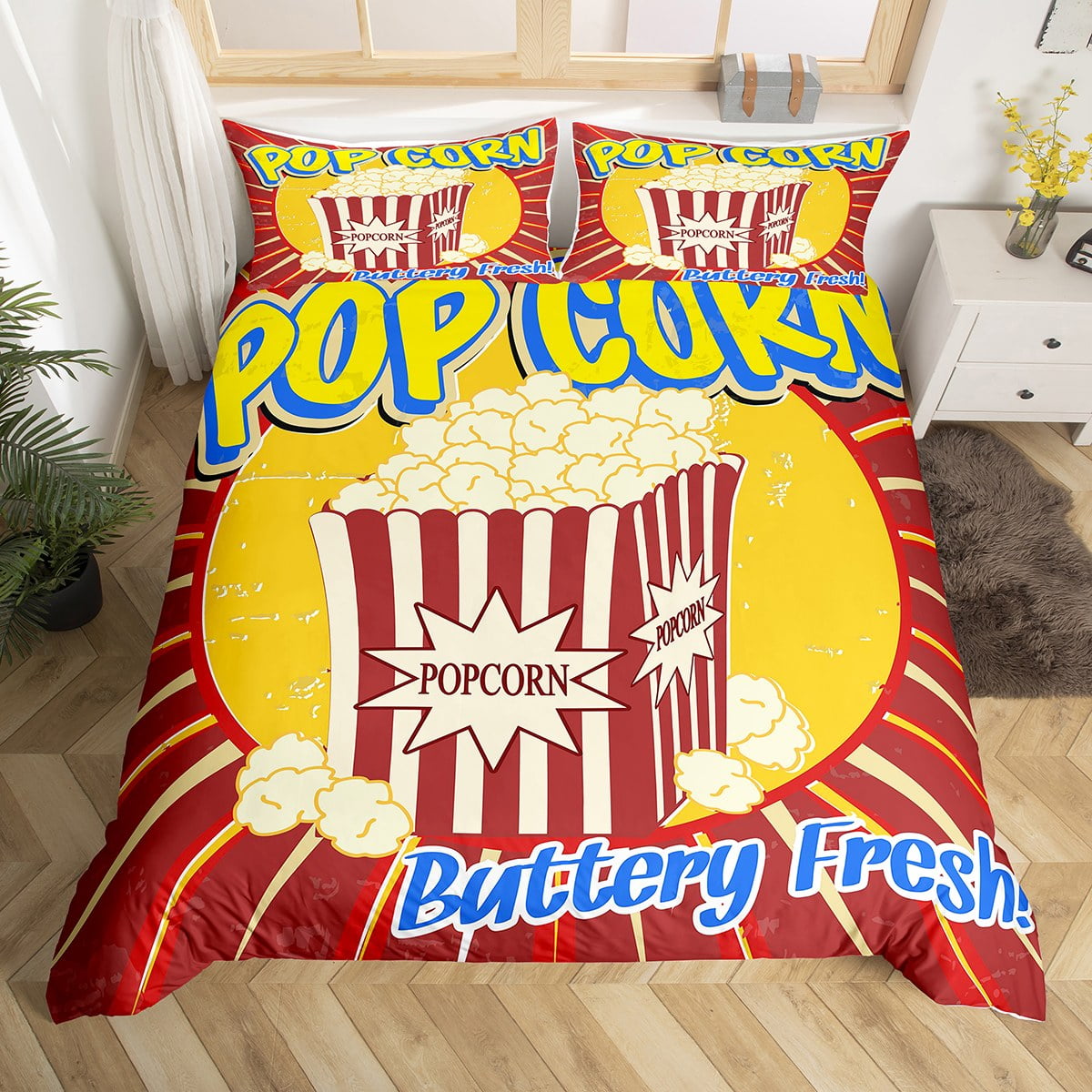 Retro Popcorn Bedding Sets Twin Vintage Grunge Pop Corn Duvet Cover for