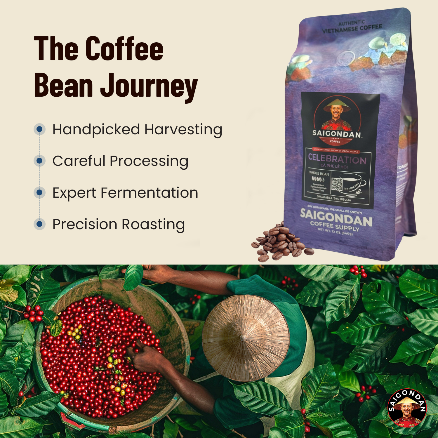 SaigonDan Celebration Espresso Roast Coffee — Bold Italian-Style Blend, Arabica + Robusta, Whole Bean, 12 oz
