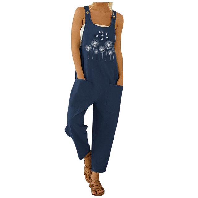 Pantalones largos de mono con tirantes de bolsillo con botones estampados a la moda para mujer Pompotops ulkah941595
