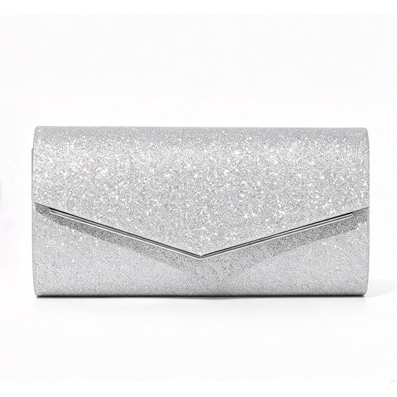 REMANLAND Women's Satin Glitter Evening Clutch, Silver