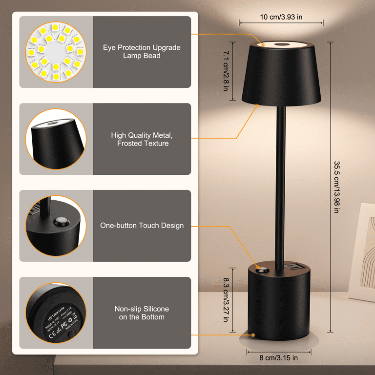 Cordless Rechargeable Battery Operated Table Lamp - Black