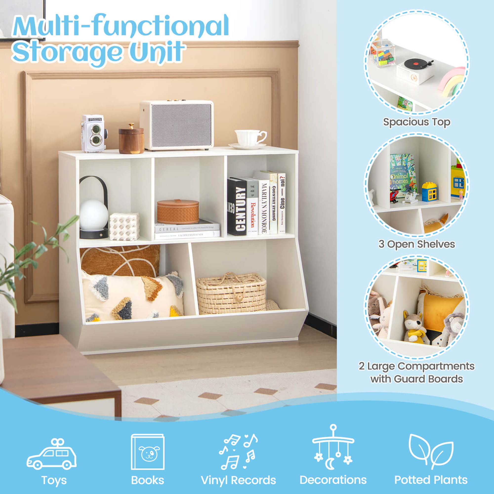 Costway 5-Cubby Kids Toy Storage Organizer Wooden Bookshelf Display Cabinet White