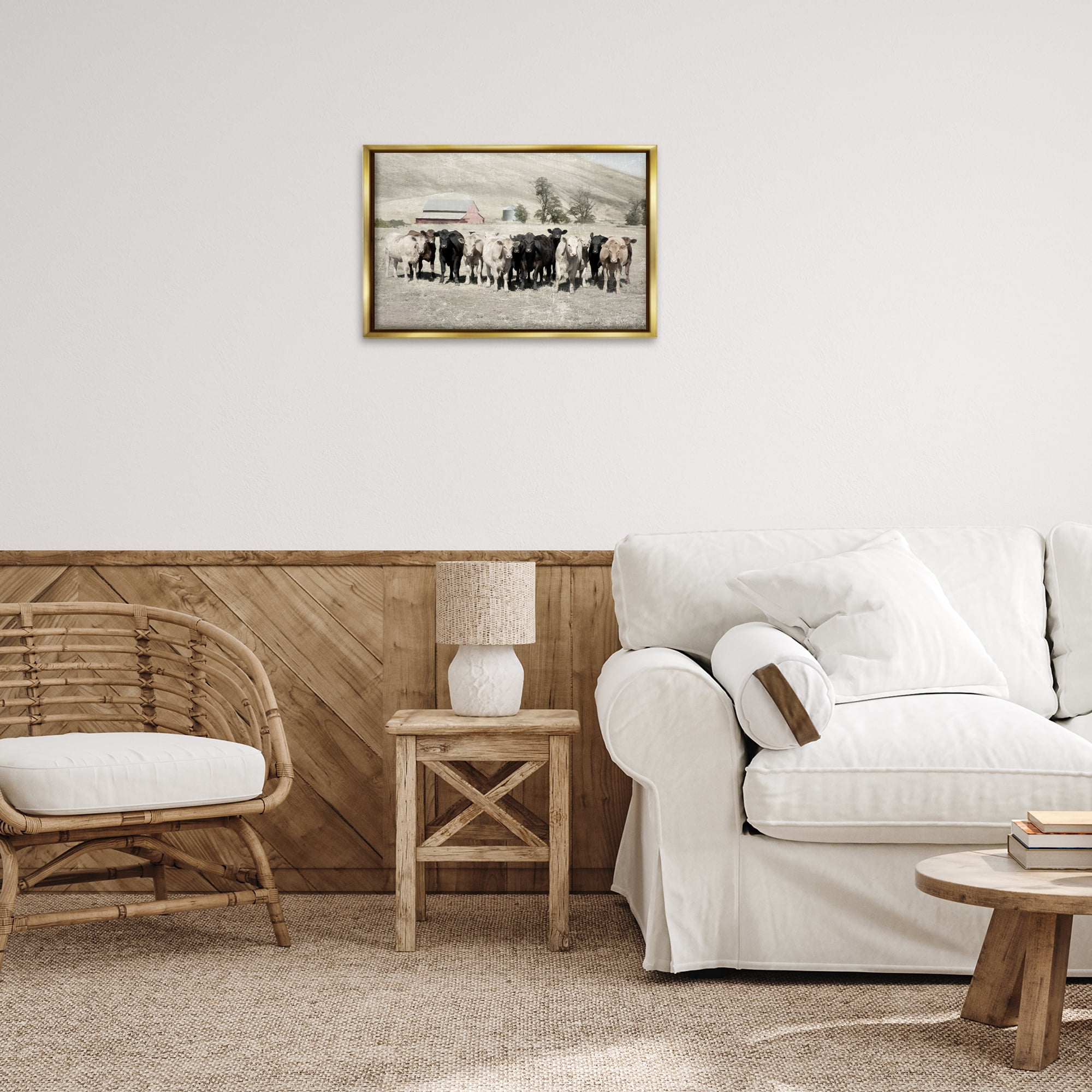 Stupell Industries Varied Cattle on Farm Landscape Painting Gold Floater Framed Canvas Art Print Wall Art, 25 x 17
