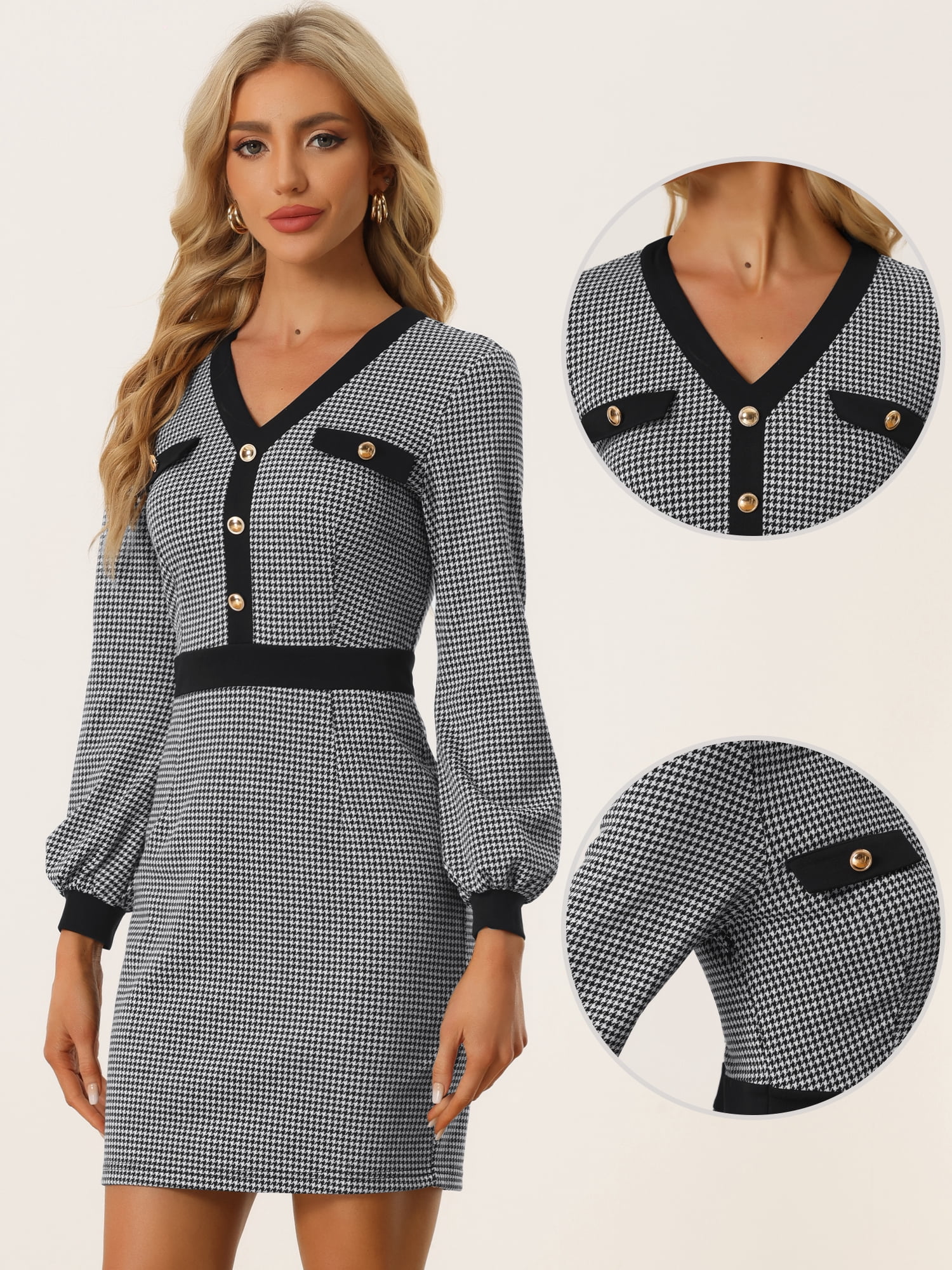 DARING DIVA V Neck Long Sleeves Elegant Sheath Houndstooth Dress S Black