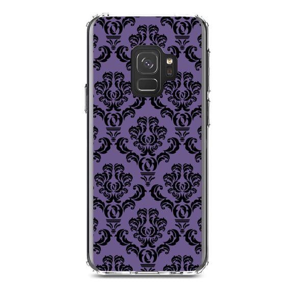 DistinctInk Clear Shockproof Hybrid Case for Samsung Galaxy S9 (5.8" Screen) - TPU Bumper, Acrylic Back, Tempered Glass Screen Protector - Purple Black Damask Floral - Floral Damask Pattern