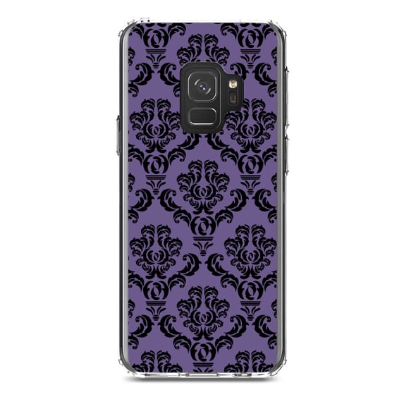 DistinctInk Clear Shockproof Hybrid Case for Samsung Galaxy S9 (5.8" Screen) - TPU Bumper, Acrylic Back, Tempered Glass Screen Protector - Purple Black Damask Floral - Floral Damask Pattern