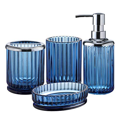KMWARES 4PCs Heavy Weight Decent Blue Glass Bathroom Accessories Set
