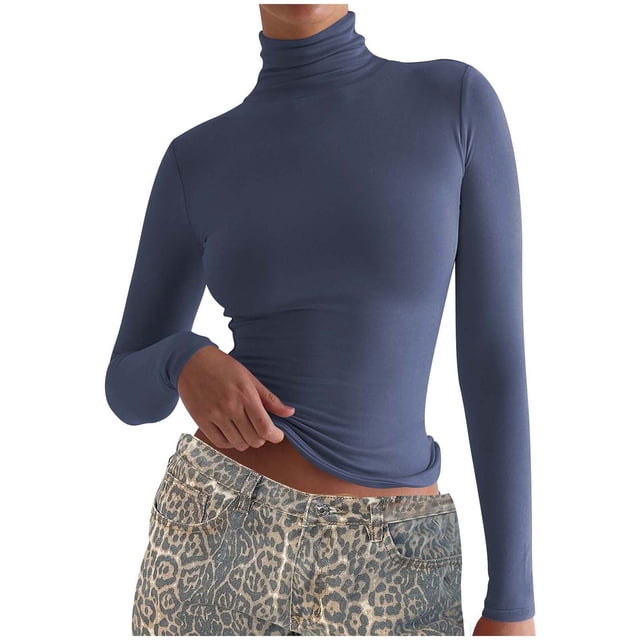 Timegard Tops for Women Long Sleeve High Neck Solid Color Slim Comfy Tee Casual Bottom Tops Fall Blouse