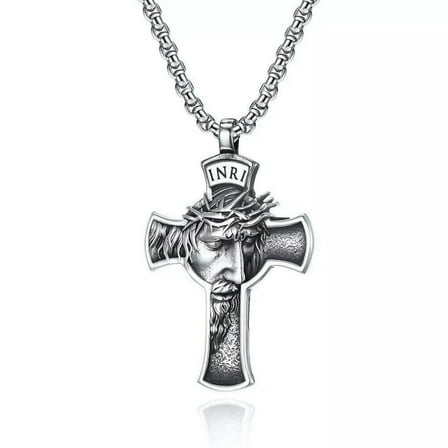 GKNET Mens Stainless Steel Jesus Christ Face Crucifix Cross Pendant Necklace