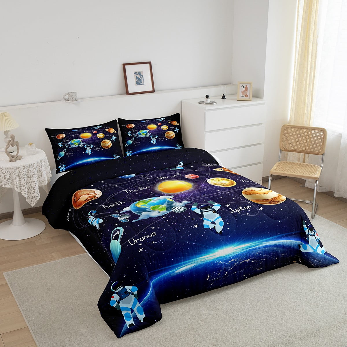 Outer Space Twin Bedding Set Planet Comforter Set, Solar System Bedding Comforter Sets Teens Blue Galaxy Starry Sky Astronaut Print Duvet Insert Universe Themed Quilt 2 Pcs
