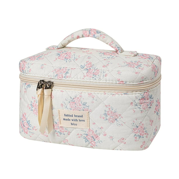 Bolsa de maquillaje Uekeboag, grande, de viaje, acolchada, algodón, estampado floral, 07PinkRose