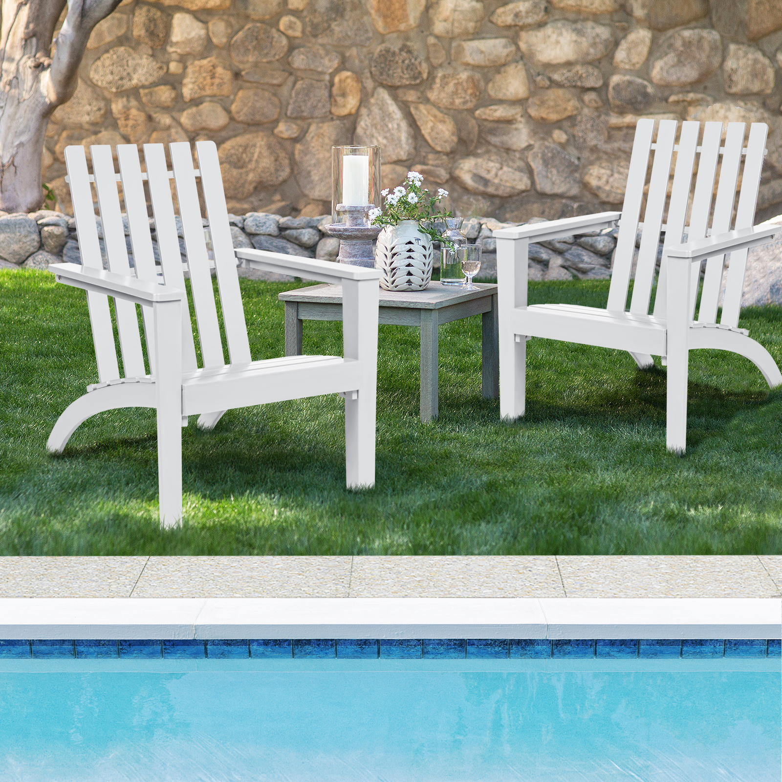 Patiojoy 3PCS Patio Adirondack Chair Side Table Set Solid Wood Garden Deck Bistro Set Classic Furniture Chair Set White - image 3 of 10