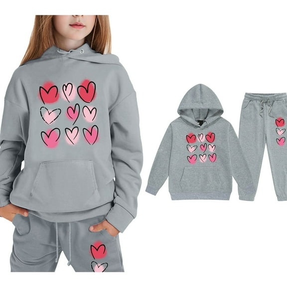 LIUYUNNN Kids Boys Girls Sweatsuit 2 Piece Long Sleeve Grey Heart Hooded Sweatshirt Sweatpants Joggers Set Warm Fall Winter Clothes Girls Jogger Set 6-7 Years Boys Girls Autumn and Winter Outfits
