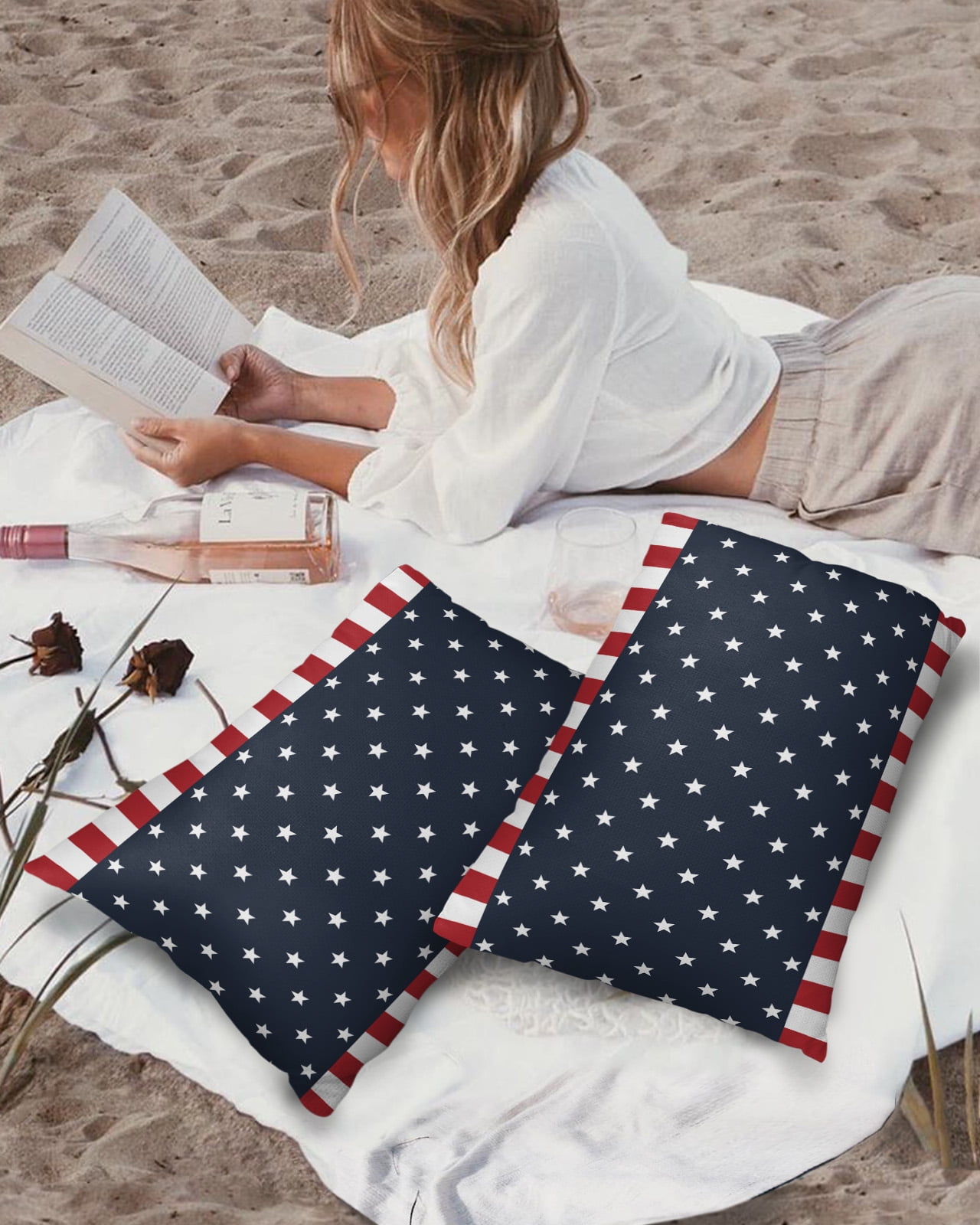 American Patriotic National Flag Outdoor Pillow Covers Set of 2,Decorative Waterproof Throw Pillow Case,Stars Blue Red and White Stripes Cotton Linen Soft Cozy Cushion Pillowcases
