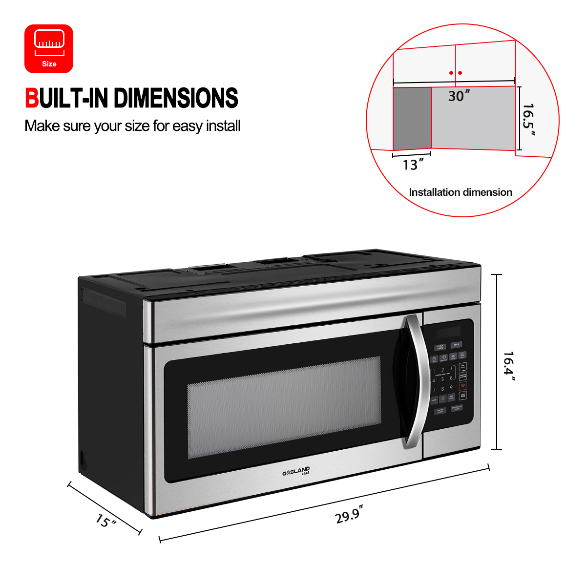 GASLAND Chef 30" over-the-Range Microwave Oven 1.6 cu.ft., 300 CFM in Stainless Steel - image 2 of 7