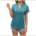 thumbnail image 2 of Camisetas de Mujer Modernas con Cuello en V y Botones, de Corta, Informales, Básicas, Holgadas Azul Pavo Real XL, 2 of 10