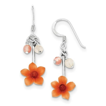 - 925 SS Rose Cherry Quartz & Carnelian Dangle Flower Earrings 13mm x 34mm