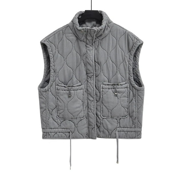 Parka à Poches pour Femmes Automne Hiver Veste en Coton Sans Manches à Fermeture Éclair Manteau Rembourré Gris