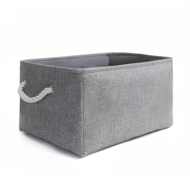 Caja de almacenamiento de lino con asas de cuerda (lavable, gris, mediana)