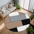 thumbnail image 3 of Brown Grey Geometric 5ft Round Rug, Modern Black White Abstract Art Non-Skid Rubber Backing Large Area Rugs - Living Room Bedroom Home Office, Indoor Floor Mat Carpets Washable Rug, 3 of 9