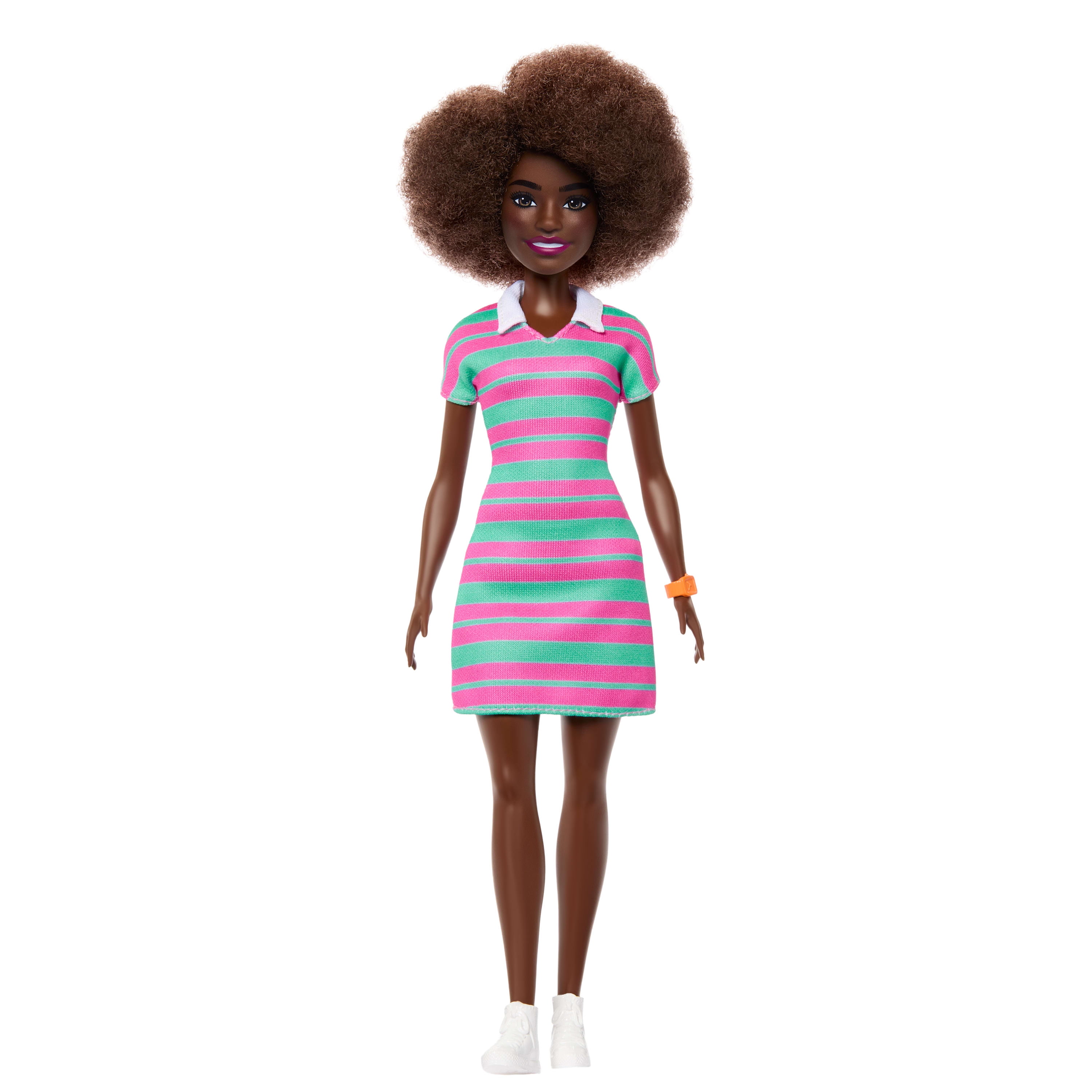 Barbie-Fashionistas-Doll-#247-with-Pink-and-Green-Striped-Dress,-Curly-Black-Hair